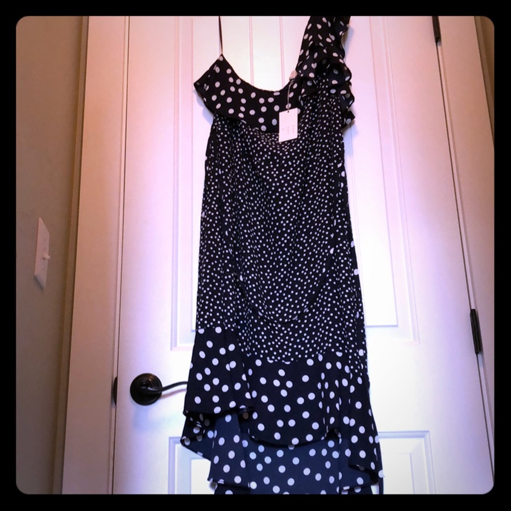 NEW asymmetrical navy & white polka dot dress